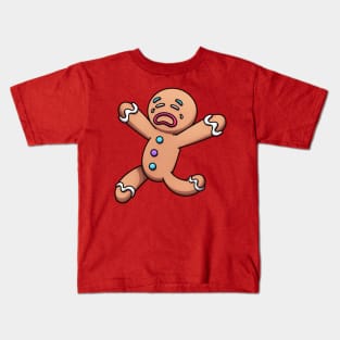 Crying Scared Running Gingerbread Man Cartoon Kids T-Shirt